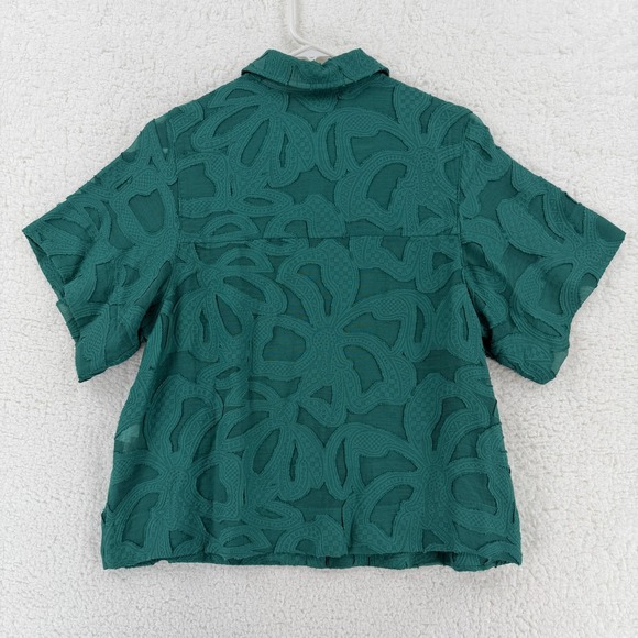 Chicos Shirt Womens 6 Green Textured Sheer Short Sleeve Button Front Blouse - Picture 2 of 8